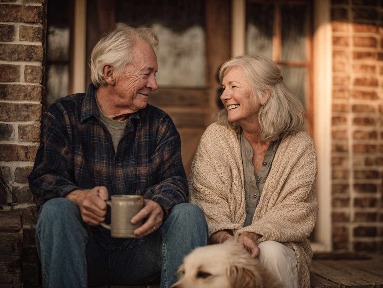 A relaxed Michigan retiree couple on the porch